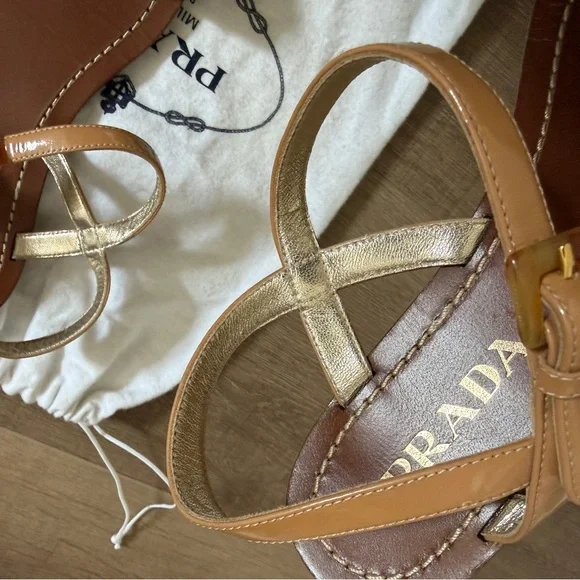 PRADA Leather Nude Sandal 37 Tortoise Shell Style Chain Links Strappy Flat Italy - Picture 12 of 14